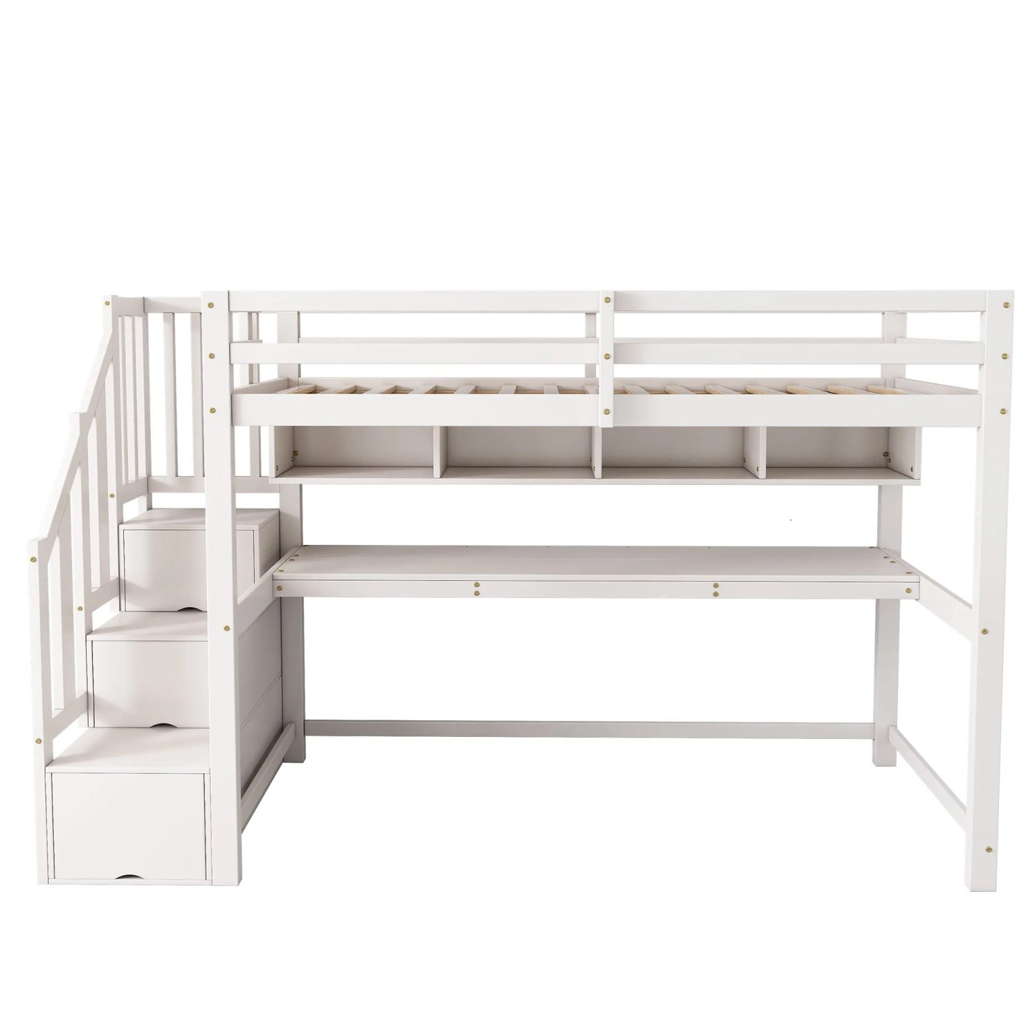 okwish Kinderhochbett 90×200 Einzelbett mit Großen Schreibtisch und Regalen ohne Matratze