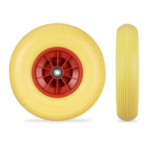 Pannensicheres Schubkarrenrad 4.00-6, Vollgummi, gelb-rote Felge, 33 cm Durchmesser.