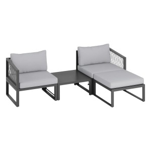 4-teiliges Lounge-Set Willa aus Aluminium in Anthrazit mit grauen Auflagen und Kissen.
