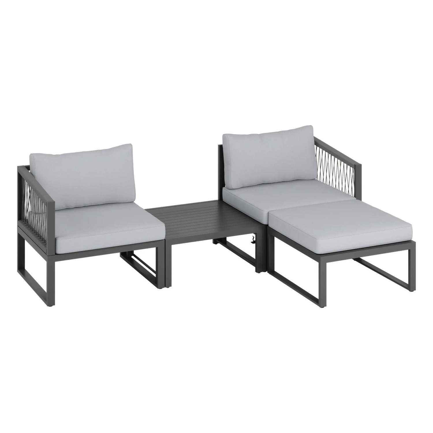 4-teiliges Lounge-Set Willa aus Aluminium in Anthrazit mit grauen Auflagen und Kissen.
