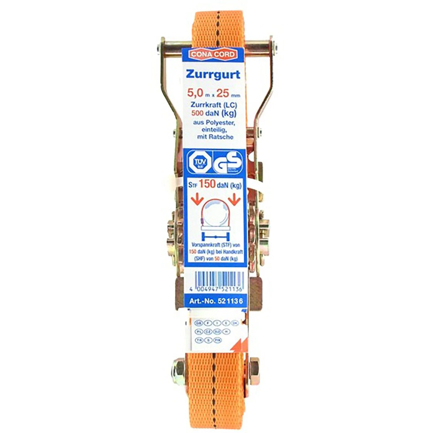 Blauer Conacord Spanngurt Pro, 25 mm breit, 5 m lang, mit Ratsche und Polyesterband.