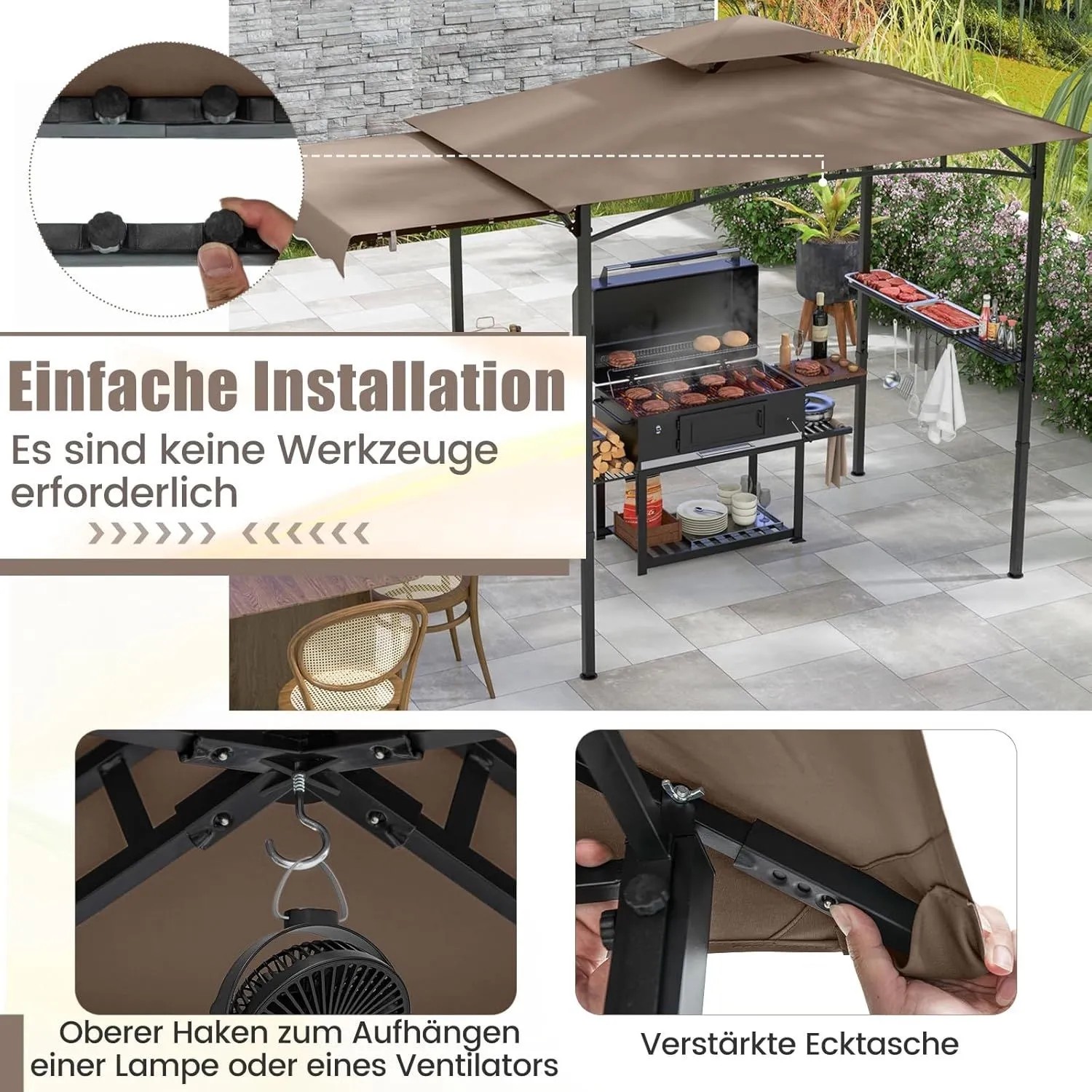 Costway Grillpavillon mit Seitenmarkise Doppeldach 318x153x250 cm Braun_6