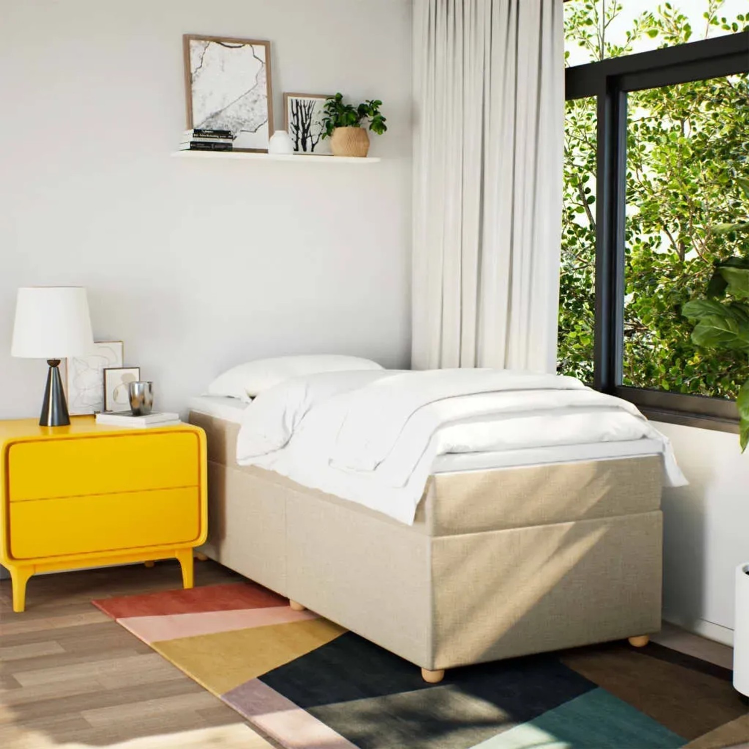 Cremefarbenes vidaXL Boxspringbett (90x190 cm) mit Matratze und Auflage im Schlafzimmer.