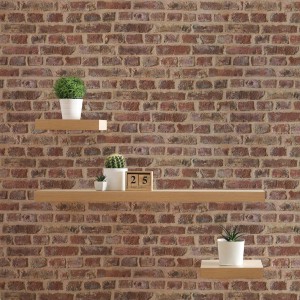 Tadessi Tapete Steinoptik Dino: Rote und braune Steintapete im modernen Design mit Regalen und Dekoration.