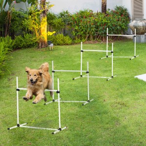 Hund springt über Hürde des PawHut Agility Hürdensets im Garten.