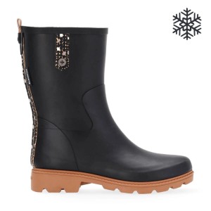 Schwarze Blackfox Megan Gartenstiefel aus Kautschuk mit brauner Profilsohle. Wasserdicht, gefüttert, mit gemusterter Borte.