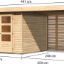 Karibu Holz-Gartenhaus Boras Natur mit Flachdach und Anbau, unbehandelt, 238x242cm. Detailansicht mit Maßen.