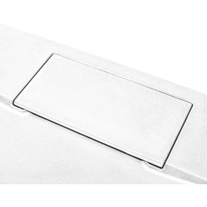 Detailaufnahme: Weiße, rechteckige Schulte Duschwanne ExpressPlus Extraflach mit Ablaufabdeckung.