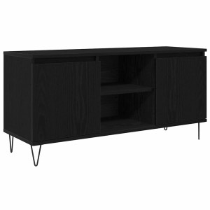 Schwarzer TV-Schrank in Eichen-Optik mit 2 Türen und Regalen, 104x35x50 cm.