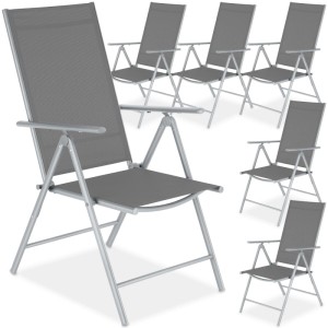 6er Set: Klappbare, wetterfeste, silberne Tectake Gartenstühle Marcellino mit Textilbezug.