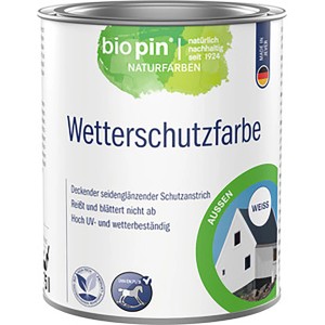 Dose Biopin Wetterschutzfarbe, Weiß, seidenglänzend, für Außenanwendungen.