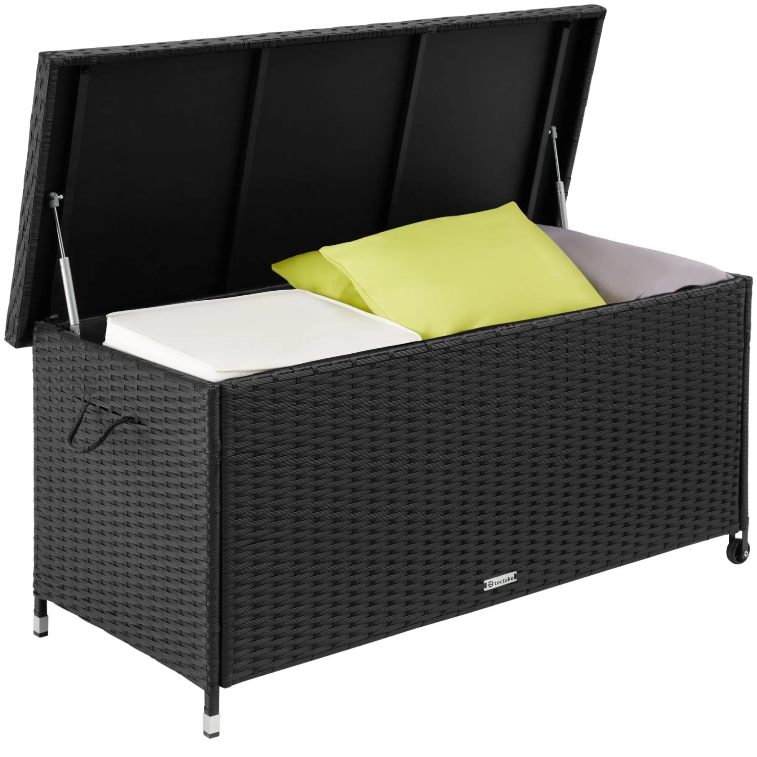 Tectake Auflagenbox Kiruna 270 L  Mit Rattangeflecht 2 Griffschlaufen und 2 Rollen  121 x 56 x 60 cm Schwarz