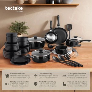 Tectake Küchenstarterset mit Geschirr und Töpfen aus Steingut und Aluminium, 39-teilig.