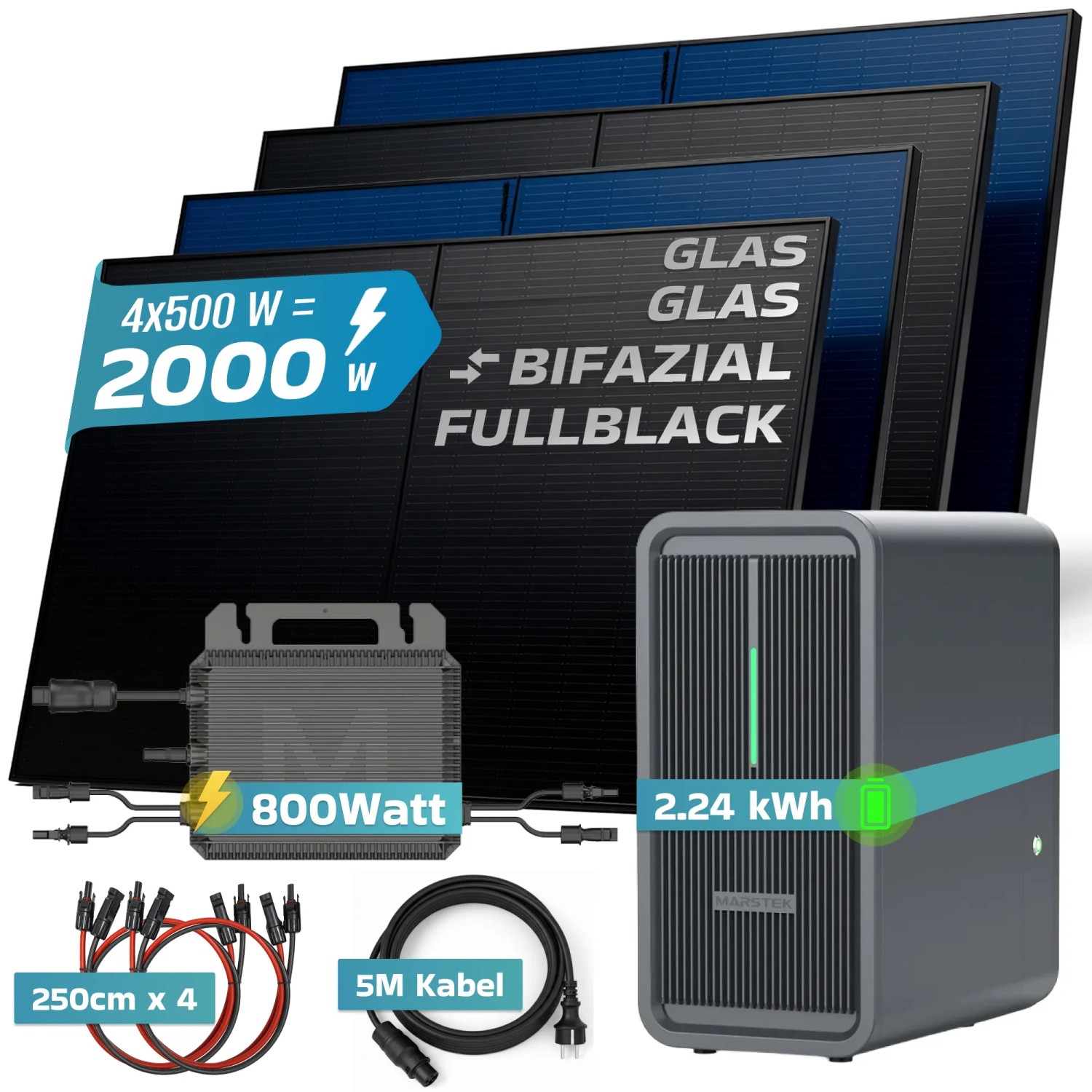 SUNNIVA Balkonkraftwerk 2000W mit Solarspeicher, Wechselrichter und 4 bifazialen Fullblack Solarmodulen.