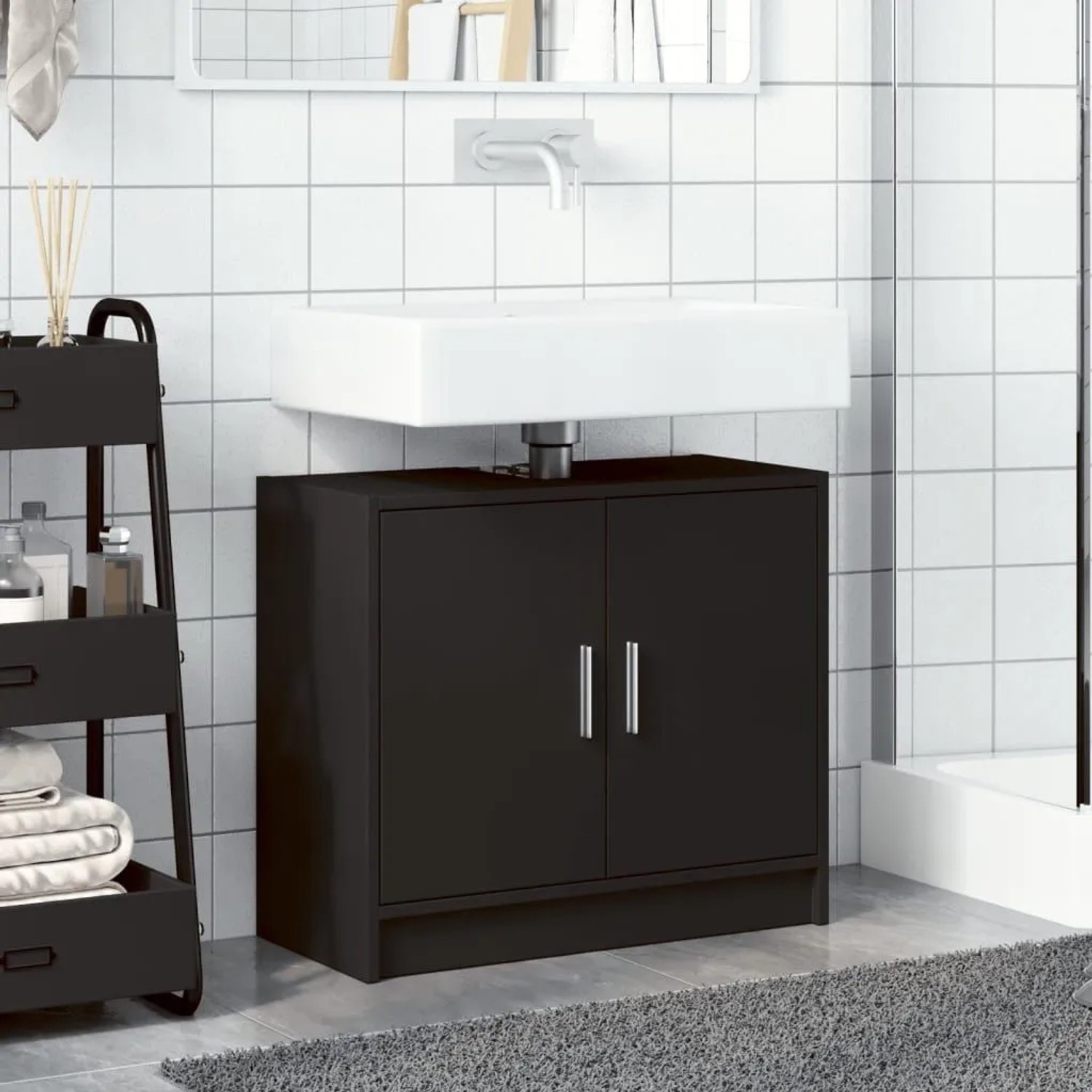 Schwarzer vidaXL Waschbeckenunterschrank (63x29x55 cm) aus Holzwerkstoff im Badezimmer.