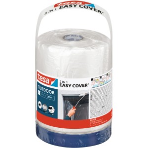 Tesa Easy Cover Outdoor Abdeckfolie mit Klebeband, Rolle mit Folie und blauem Klebeband.