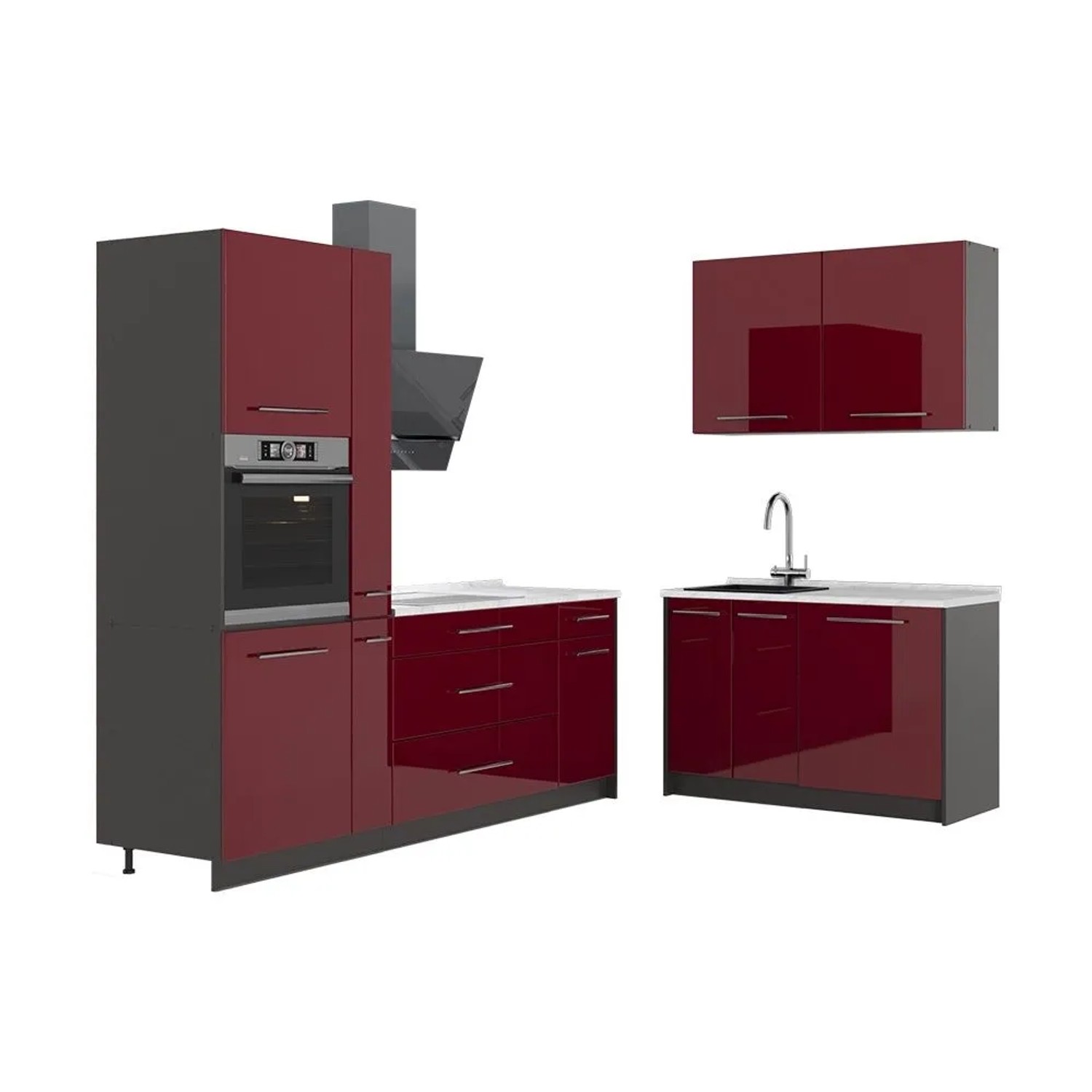 Vicco Küchenzeile Fame-Line Bordeaux Hochglanz/Anthrazit 220 x 207 AP Marmor Art Nr 64961