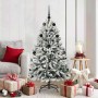 Geschmückter, künstlicher Weihnachtsbaum (150 cm) in Grün-Weiß mit LED-Lichtern und Christbaumkugeln.