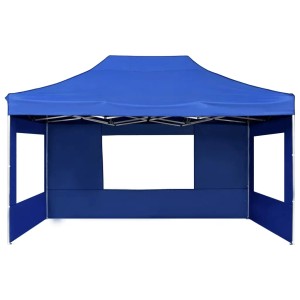 Blaues, faltbares Partyzelt 4,5x3 m mit Wänden und Aluminiumrahmen.