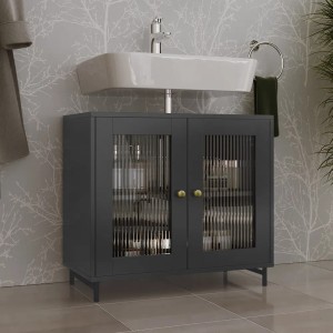 Grauer Vicco Waschbeckenunterschrank Malte (60 cm) mit zwei Türen und geriffelten Glaseinsätzen.