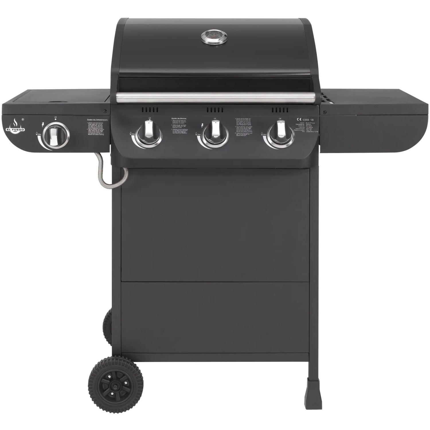 El Fuego Gasgrill Columbus mit 3 Brennern und Seitenkocher, grauer Grill mit Rädern.