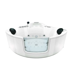 Weiße AcquaVapore Eck-Badewanne W60-TH 140x140 mit Tür und Whirlpoolfunktion.