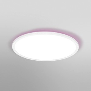 Weiße, runde Ledvance Smart+ LED-Deckenleuchte Orbis Ultra Slim mit Rücklicht, Ø 40 cm.