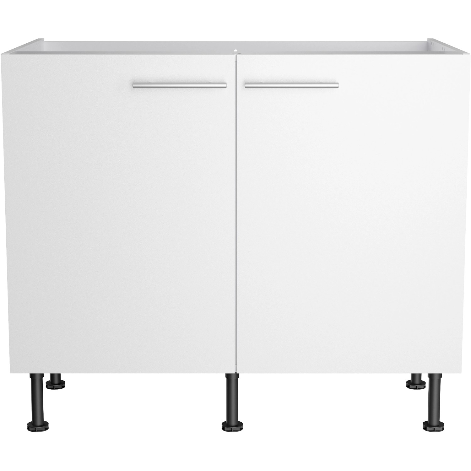 Weißer Optifit Spülenunterschrank Bengt932, 100 cm breit, mit zwei Türen und Edelstahlgriffen.