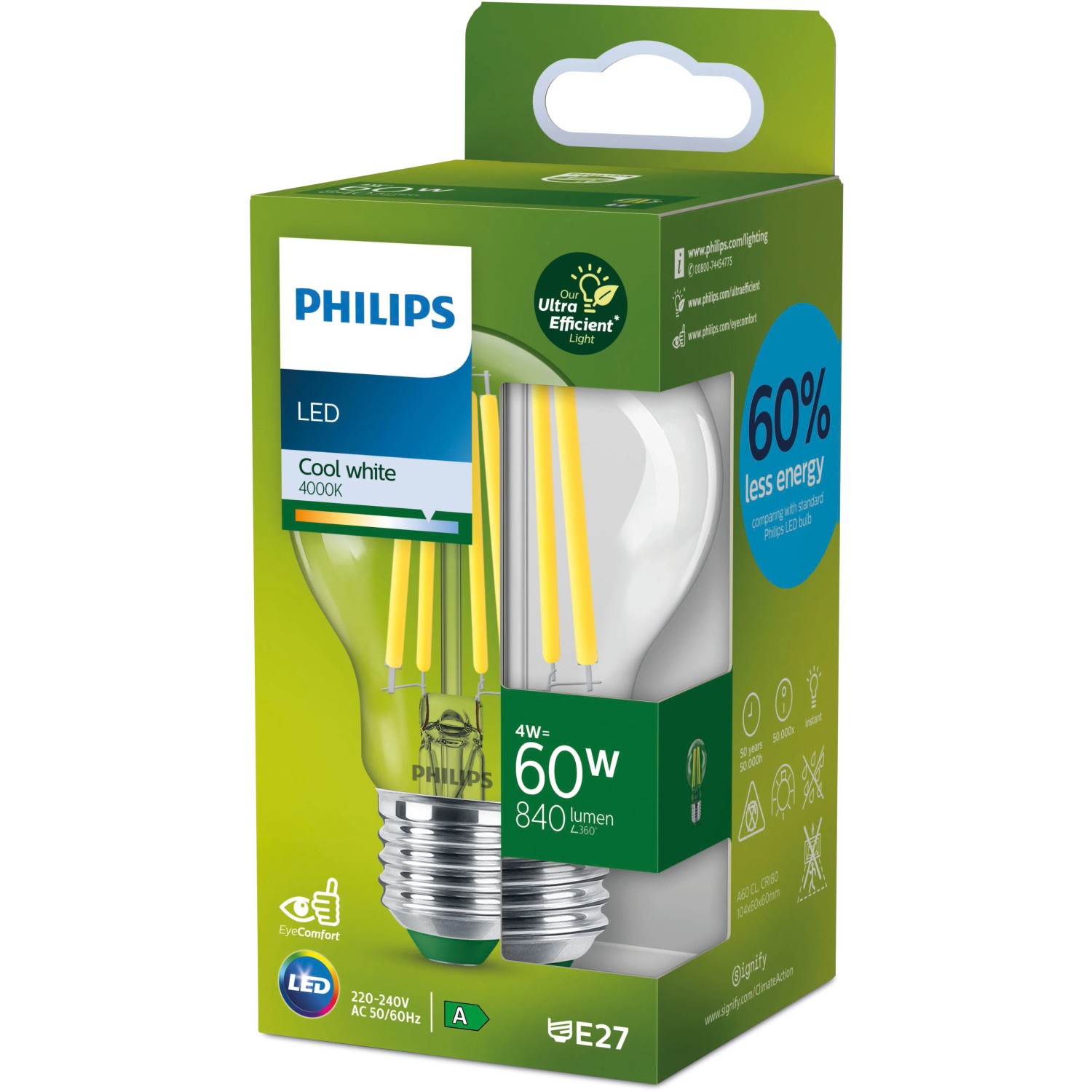 Philips LED E27 Leuchtmittel, 4W, 840lm, Glühlampenform, klar. Ultraeffizient und langlebig.