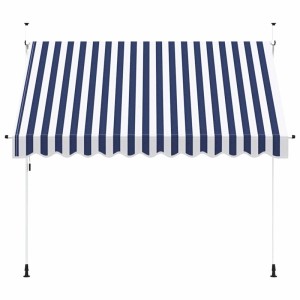 Einziehbare, blau-weiß gestreifte Markise, 300 cm breit, mit Handkurbel für Terrasse und Balkon.
