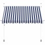 Einziehbare, blau-weiß gestreifte Markise, 300 cm breit, mit Handkurbel für Terrasse und Balkon.