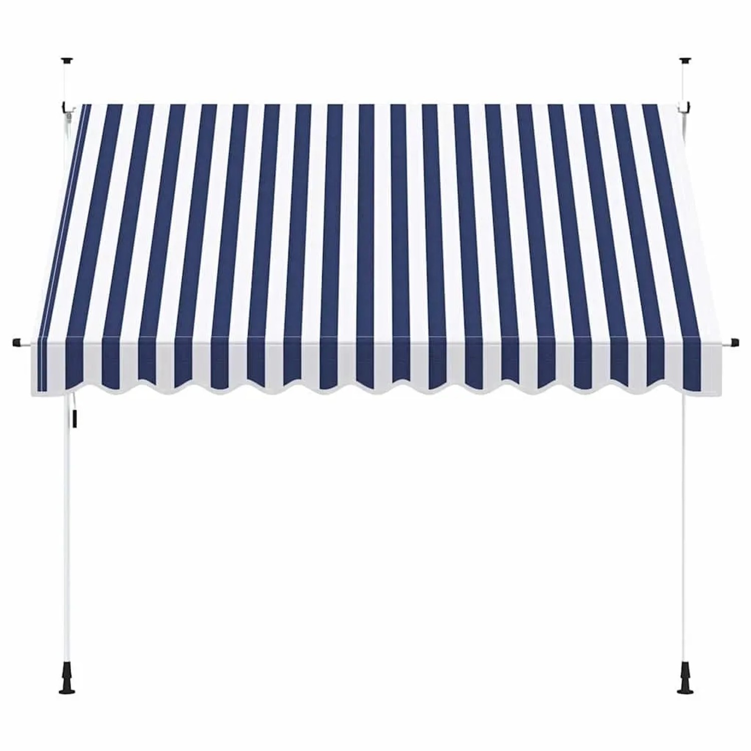 Einziehbare, blau-weiß gestreifte Markise, 300 cm breit, mit Handkurbel für Terrasse und Balkon.
