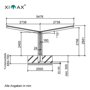 Technische Zeichnung Ximax Alu Doppelcarport Linea Typ 110, Maße und Fundamentdetails.