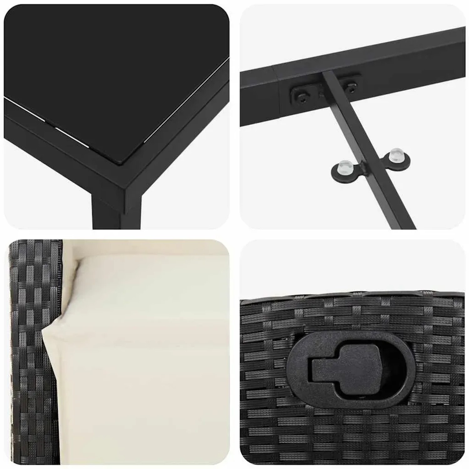 vidaXL Garten Essgruppe, 5-teilig, schwarz, Poly Rattan, Details von Tisch, Stuhl und Mechanismus.