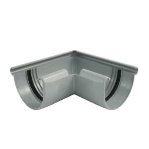 Graue Marley Dachrinnen Außenecke RG 100 aus Kunststoff zum Verbinden von zwei Dachrinnenenden.