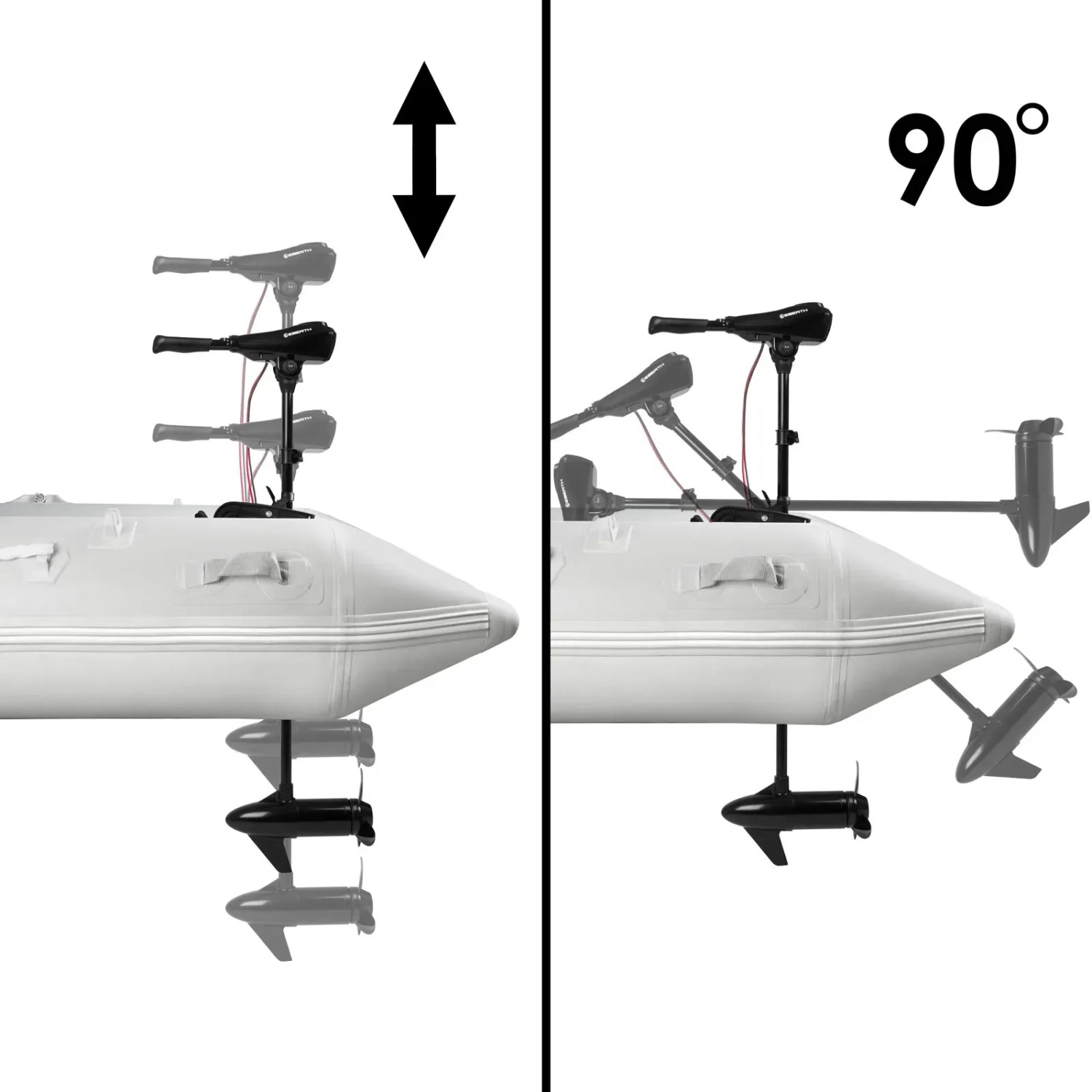 EBERTH Elektro Außenborder am Boot, verschiedene Positionen und 90° Kippfunktion dargestellt.