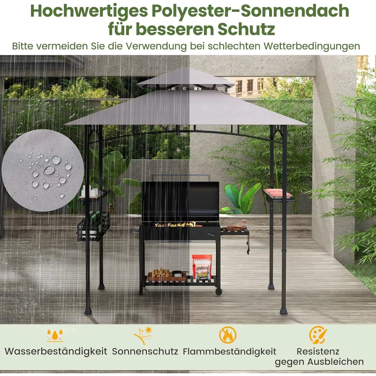 Grauer Costway Grillpavillon mit Doppeldach, Seitenregalen und Flaschenöffner im Garten.