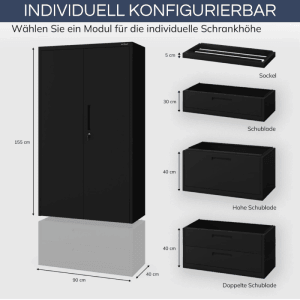 DELUKE Metallschrank RUEL 160x90x40cm Schwarz mit Sockel und Schubladen als Module