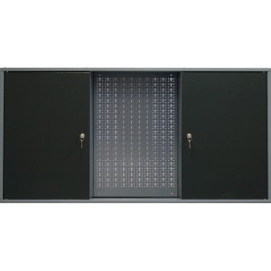 Werkzeug Hängeschrank, 1200 mm breit, mit 2 Türen und Lochwand für Werkzeugaufbewahrung.