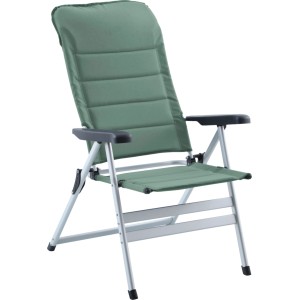 Grüner Klappsessel Jacup aus Aluminium mit hoher, gepolsterter, verstellbarer Rückenlehne für Camping.
