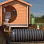 Garantia Sammelgrube Stabilus 3000L im Querschnitt mit Gartenhaus und Installationen.