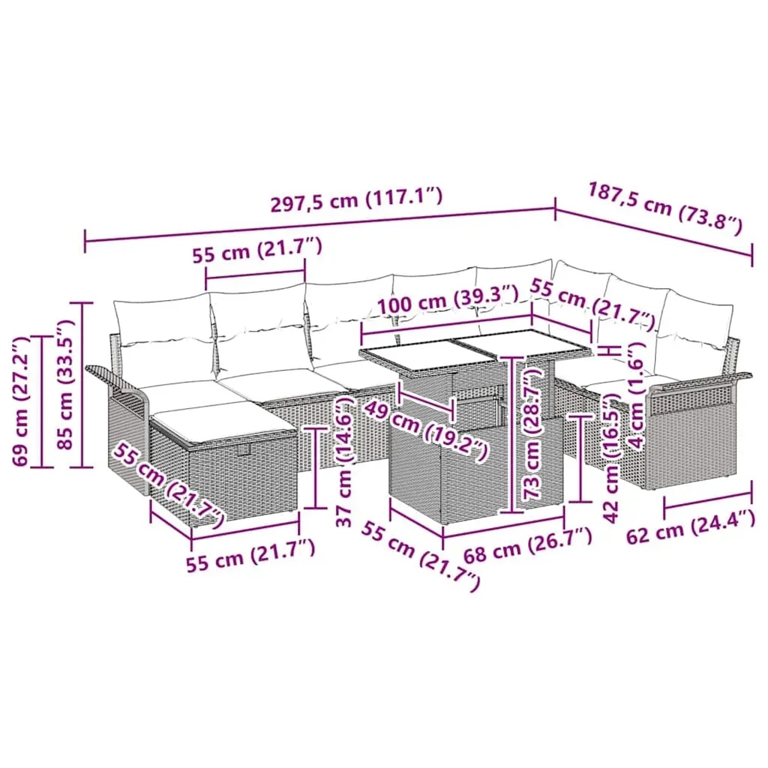 vidaXL Gartenmöbel Set Grau Poly Rattan 9-teilig mit Maßen. Ideal für Terrasse und Garten.