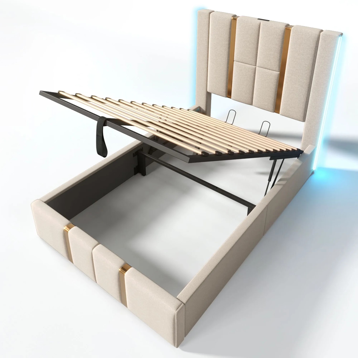 Merax Polsterbett 90x200cm LED USB-C App Beige Leinen