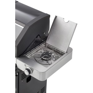 Detailaufnahme: Rösle Videro G6-S Gasgrill mit Seitenbrenner im Seitentisch.