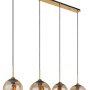 4-flammige Hängeleuchte Jamessa in Messingfarben mit amberfarbenen Glasschirmen.