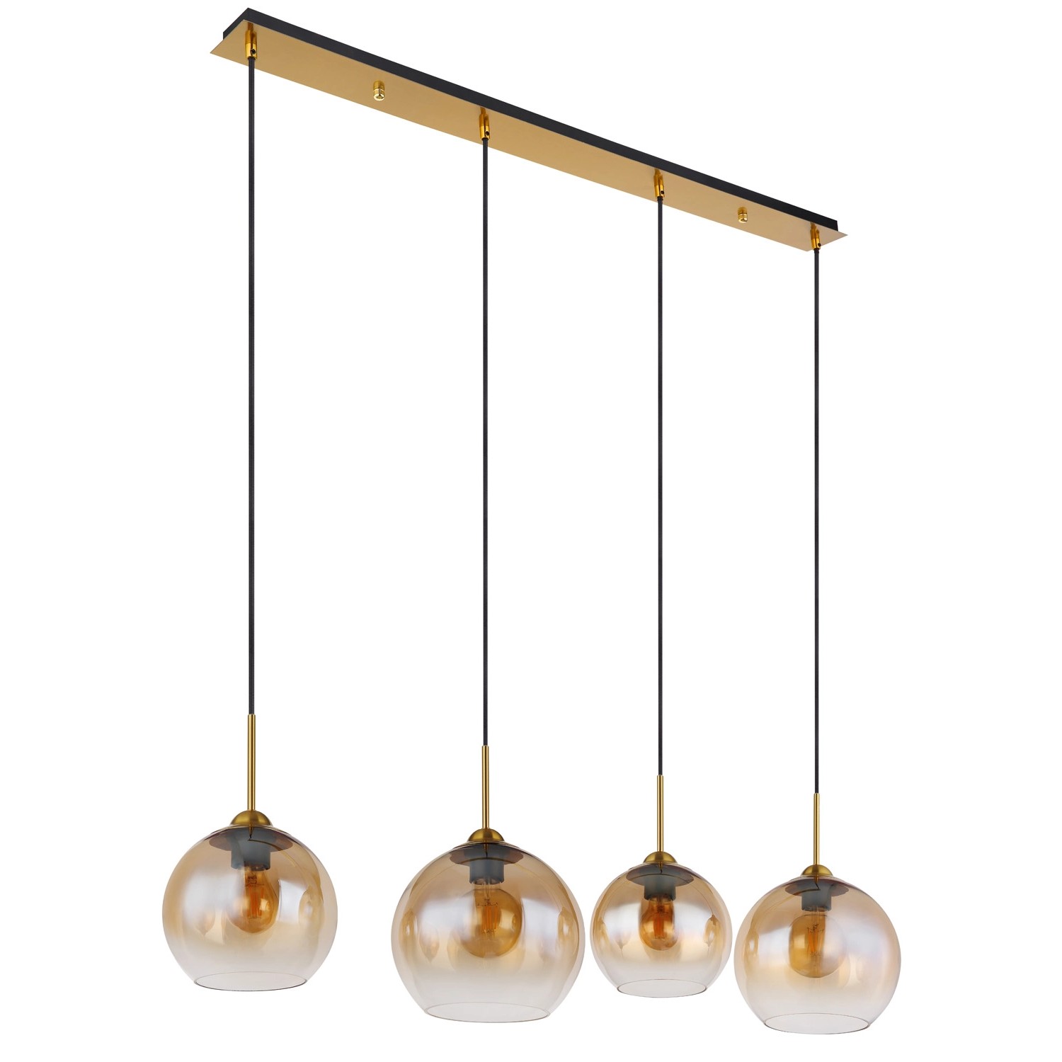 4-flammige Hängeleuchte Jamessa in Messingfarben mit amberfarbenen Glasschirmen.