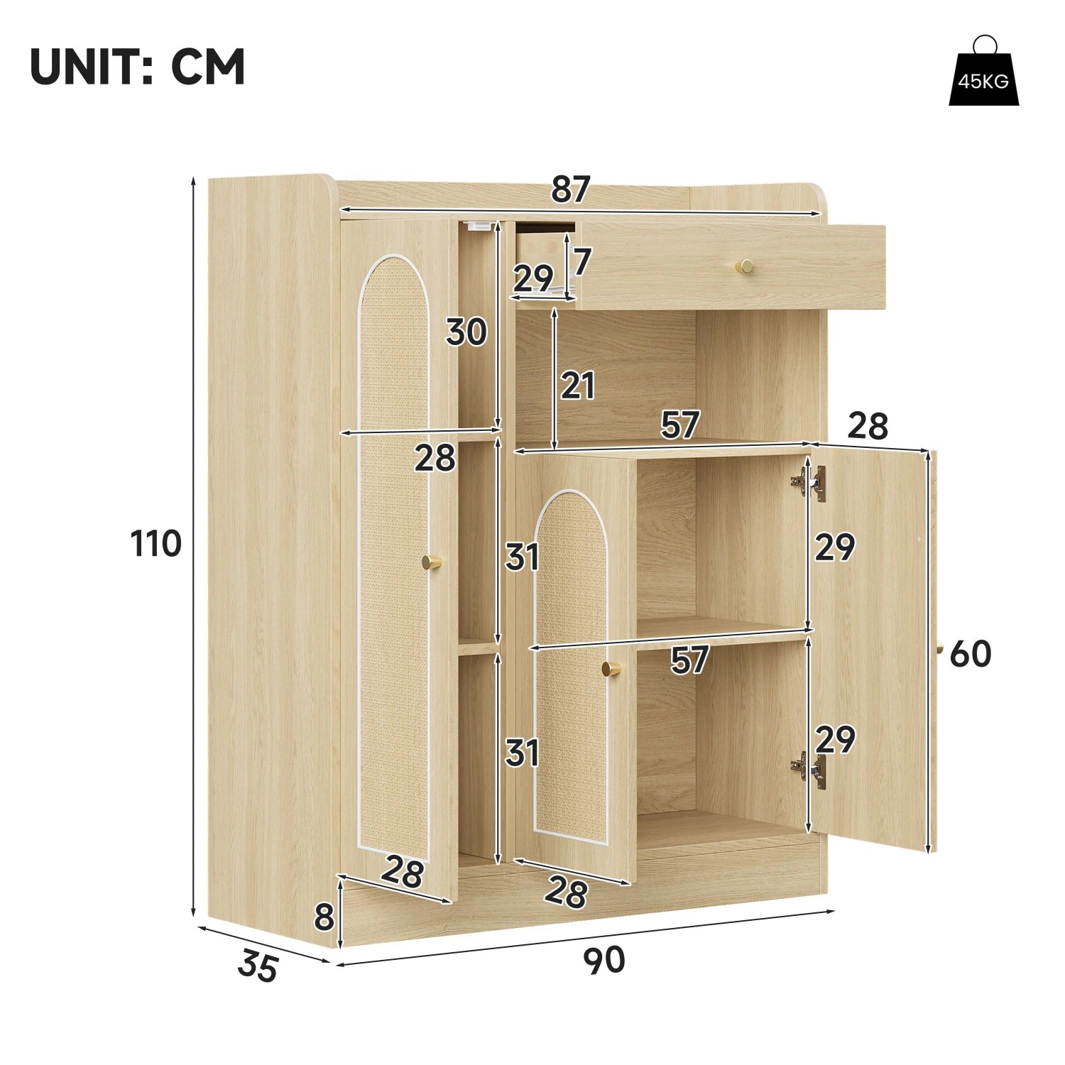 Merax Rattan Schuhschrank in Naturfarbe, 90x35x110 cm, mit 3 Türen und Schublade. Ideal für Flur & Wohnzimmer.
