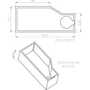 Technische Zeichnung Ottofond Wannenträger Cello 170 cm Typ A, Draufsicht und isometrische Ansicht mit Maßen.