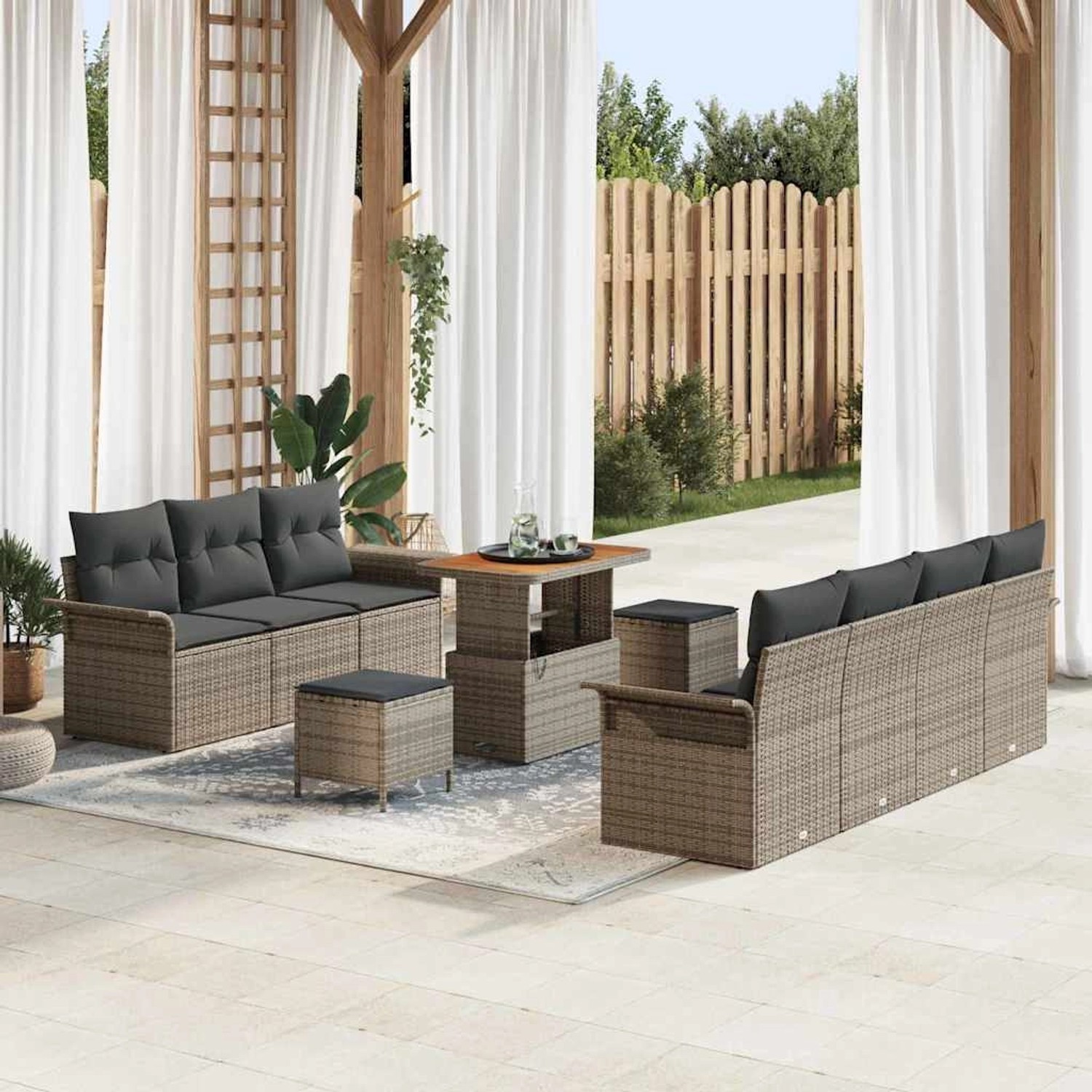 Graues 10-tlg. vidaXL Garten-Sofa-Set aus Poly Rattan mit höhenverstellbarem Tisch und Hockern.