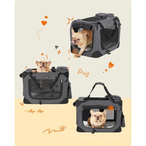Feandrea Hundebox, 60x42x42 cm, grau. Transportbox mit Netzstoff und Tragegriffen für kleine Hunde.